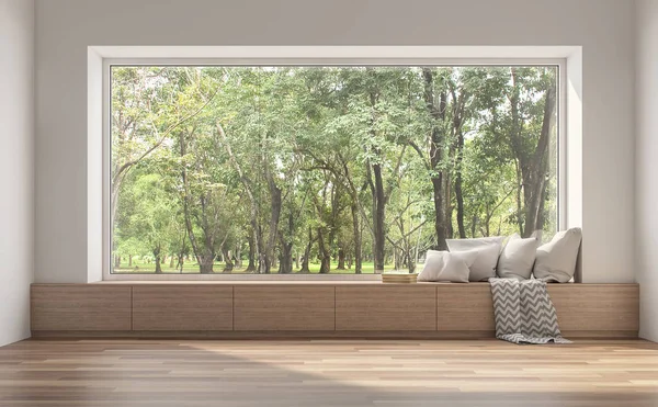 Yan pencere koltuk 3d render. Beyaz Oda, ahşap koltuk, birçok yastık ile süsleyin. Doğa görünümü görmek için büyük pencereler dikkat et vardır.
