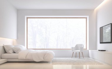 Doğa 3d render, orada en az stil yatak odası Beyaz zemin ve duvar vardır. Beyaz yatak seti ile döşenmiş. Büyük ahşap çerçeve penceresi bakan için dışarıda vardır.