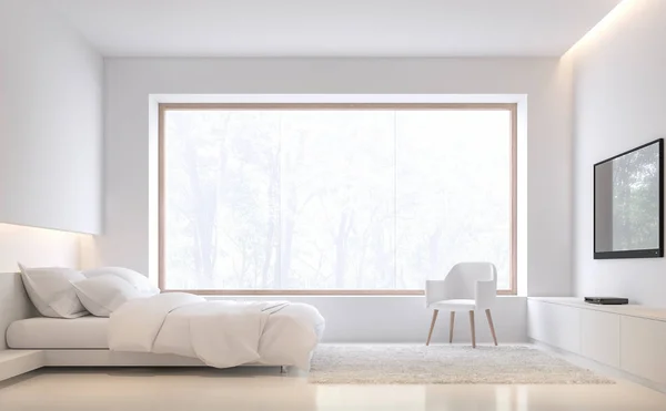 Sypialnia Minimalistycznym Stylu Natury Render Tam Białe Podłogi Ściany Wyposażone — Zdjęcie stockowe
