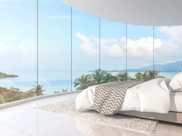 パノラマ ビューのベッドルーム レンダリング そこ曲線ルーム白の床 大きな Framless 出窓を見渡す海の景色に白いベッド そこには — ストック写真