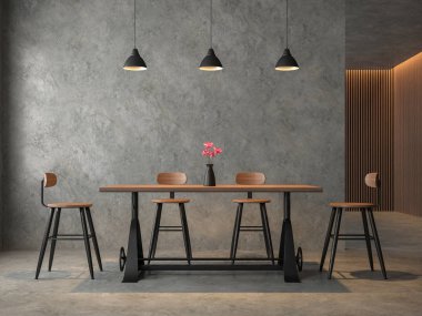 Loft tarzı yemek odası cilalı cocrete ile 3d render, bir şekilde döşenmiş sanayi tarzı ahşap ve metal mobilya, ahşap kafes ile dekore duvar ile.