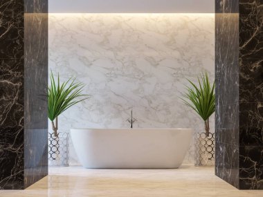 Lüks banyo 3d render, orada siyah ve beyaz mermer döşeme duvar ve zemin vardır. Krom ağaç pot ile süsleyin.
