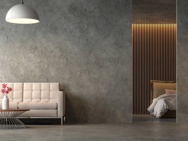 Loft tarzı liveng Oda ve yatak odası ve cilalı cocrete 3d render, kumaş mobilyalarla döşenmiş, ahşap kafes ile duvar süslemeleri.