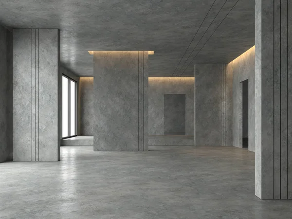 Alanı boş oda 3d render çatı, orada cilalı beton zemin ve duvar süslemeleri ile tavan gizli ılık ışık
