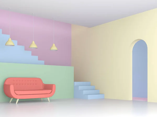 Buntes Wohnzimmer Mit Pastellfarbenem Render Weißer Boden Mehrfarbige Wand Mit — Stockfoto