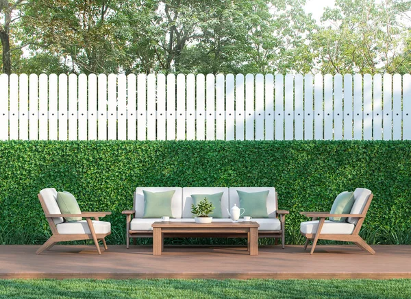 Żyjących Ogrodzie Renderowania Jest Ogrodzenie Taras Białe Drewniane Podłogi Wyposażone — Zdjęcie stockowe