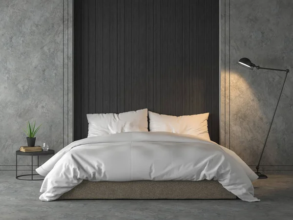 Siyah ahşap modern çatı katı yatak odası 3d render plank, orada beton duvar ve kat kahverengi kumaş yatak ve beyaz battaniye ile döşenmiş, cilalı sanayi tarzı lamba ile dekorasyon.