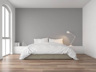 Minimal bedroom 3d render,There are wood floor and  gray wall.Furnished with brown fabric bed and white blanket .There are arch shape window nature light shining into the room. clipart