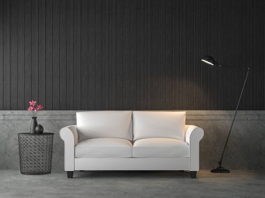 Loft style living room 3d render,There are polished concrete wall and floor,furnished with white sofa,Decorating with industrial style lamp. clipart
