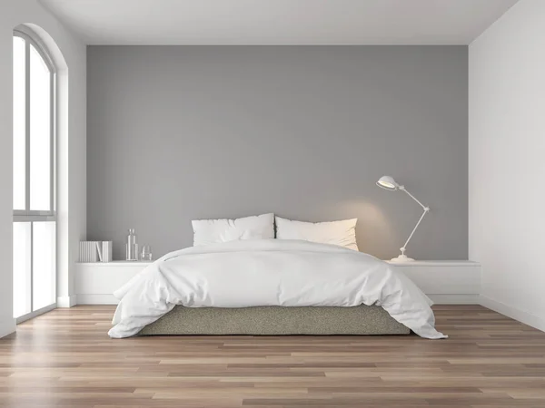 Quarto Mínimo Render Piso Madeira Parede Cinzenta Mobiliado Com Cama — Fotografia de Stock