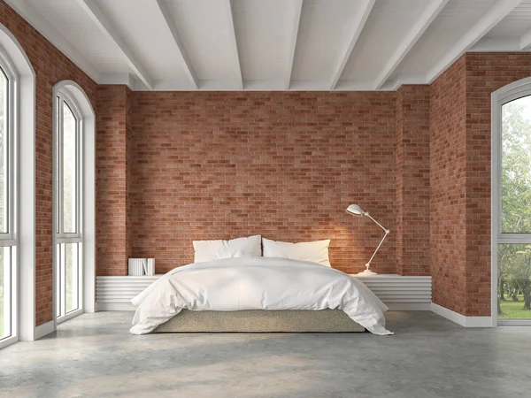 Moderno Loft Dormitorio Render Hay Pisos Hormigón Pulido Paredes Ladrillo —  Fotos de Stock