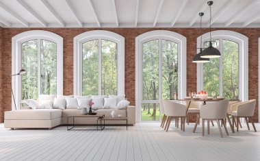 Scandinavian living and dining room 3d render,There are wood plank floor,red brick wall ,Furnished with brown fabric furniture,There are arch shape window looking out to the natural view. clipart