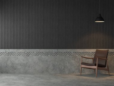 Loft tarzı oturma odası 3D render, orada cilalı beton duvar ve siyah ahşap tahta, deri Loung sandalye ile döşenmiş, sanayi tarzı lamba ile dekorasyon.