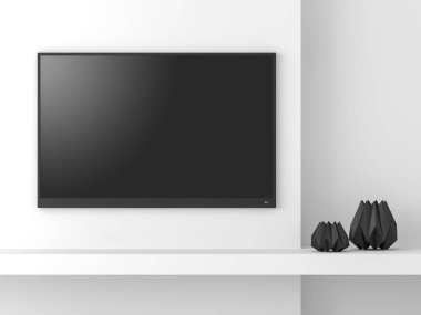 Minimal stil boş TV ekran mockup 3D render, beyaz duvara asılı, siyah Dimond şekil vazolar ile dekore, TV ekranına bir kırpma yolu var.