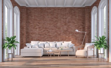 Modern contemporary living room 3d render,There are wooden floor,red brick wall and white wooden ceiling,Furnished with brown fabric sofa,There are arch shape window looking out to the natural view. clipart