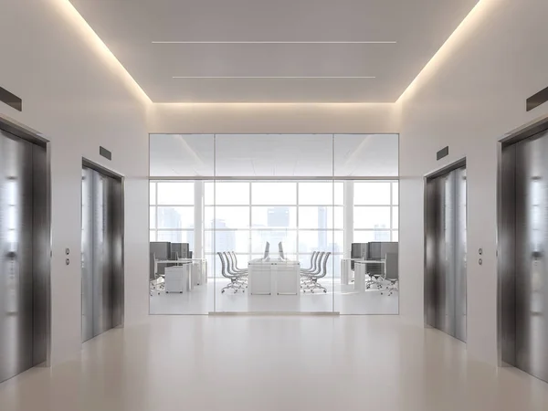 Elevator Hall Voor Modern Kantoor Render Met Witte Vloer Roestvrijstalen — Stockfoto