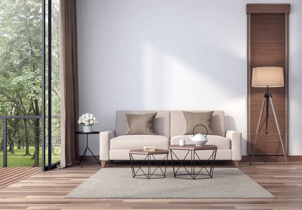 Çağdaş oturma odası 3d render, Odalar ahşap zeminler ve beyaz boş duvarlar var, Tropikal doğa bahçesine bakan büyük açılış sürgülü kapı vardır.