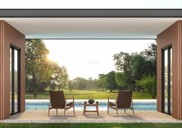 Moderne Moderne Swimmingpool Terrasse Putz Gibt Betonfliesenboden Und Holzwand Mit — Stockfoto