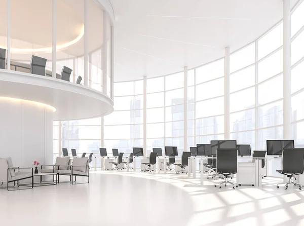 Moderne Witte Curve Office Renderen Een Hoog Plafond Kantoor Met — Stockfoto