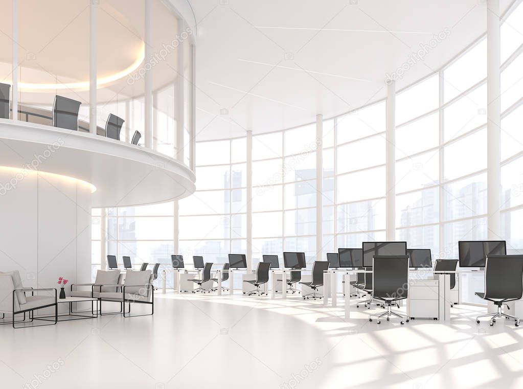 Modern white curve office 3d render.Is a high ceiling office with a work area on the lower floor Meeting room on the mezzanine floor There is a large window looking out at the view of city.