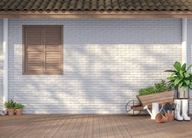 House terrace with garden equipment 3d render,There are empty white  brick wall, wood floor and brown roof,Sunlight shining to the wall with tree shadow. clipart