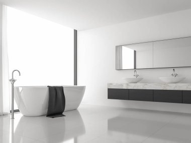Minimal tarzı görüntü modern banyo 3d render. Beyaz zemin ve duvar, siyah ahşap ve beyaz mermer lavabo sayacı vardır, Oda büyük pencereler vardır. Doğal ışık içinde parlar.