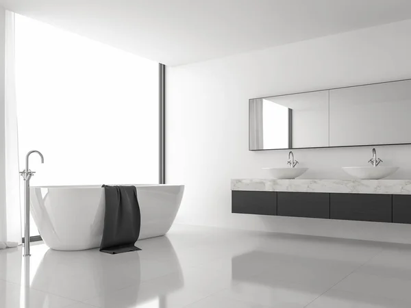 Minimal style image modern bathroom 3d render.There are white floor and wall, black wood and white marble sink counter,The room has large windows. Natural light shines inside.