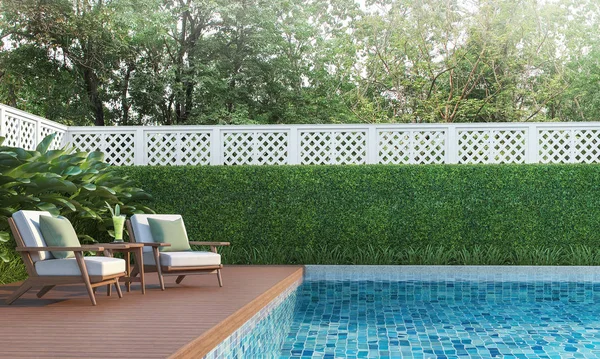 Swimming pool terrace in the garden 3d render,  There are a wooden floor ,Blue tile in the swimming pool and white fence,Decorated with wooden and white fabric furniture,Surrounded by nature.
