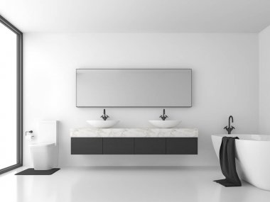 Siyah beyaz 3d render minimal tarzı banyo. Beyaz zemin ve duvar, siyah ahşap ve beyaz mermer lavabo sayacı vardır, Oda büyük pencereler vardır. Doğal ışık içinde parlar.