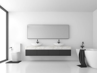 Minimal style bathroom with black and white 3d render.There are white floor and wall, black wood and white marble sink counter,The room has large windows. Natural light shines inside. clipart