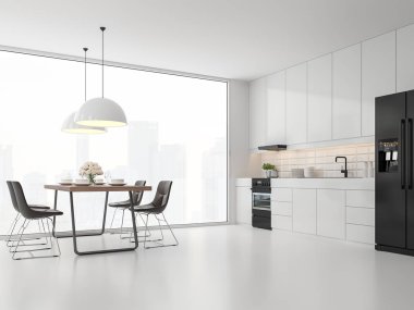 Minimal style kitchen and dining room 3d render.There are white floor and wall, Glossy white cabinet doors,Dark brown leather chair,The room has large windows. lookink out to the city view. clipart