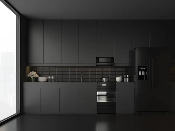 Minimal tarzı siyah mutfak 3d render. Beyaz zemin ve duvar, Parlak beyaz dolap kapıları, Siyah buzdolabı ve fırın, oda büyük pencereler vardır. şehir manzarasına dışarı bakmak.