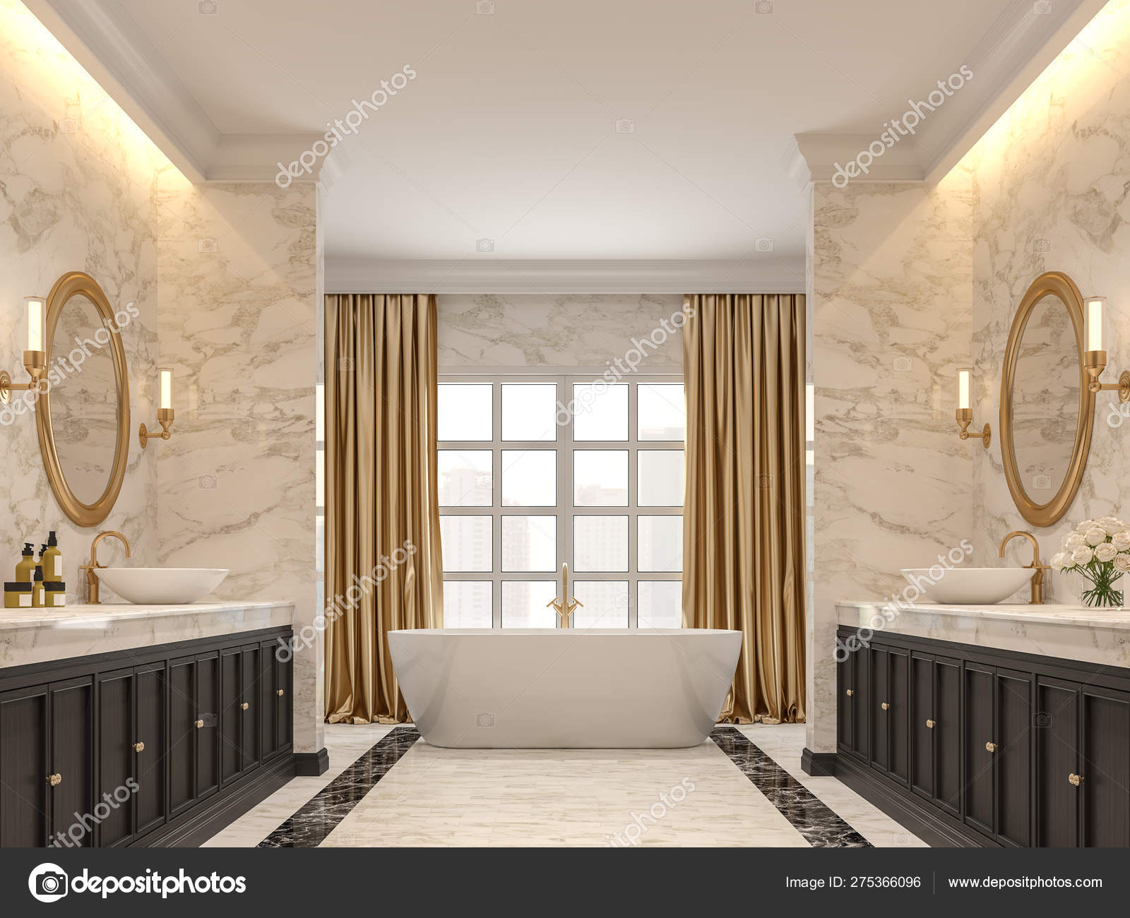 Luxurious Bathroom White Marble Walls Floors Black Marble Border