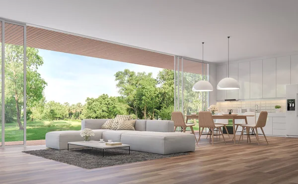Modern Living, yemek odası ve bahçe manzaralı mutfak 3d render. Odalar ahşap zeminler, beyaz mobilya ile dekore, büyük açık kapılar vardır. Ahşap terasa ve geniş bahçeye bakmaktadır.
