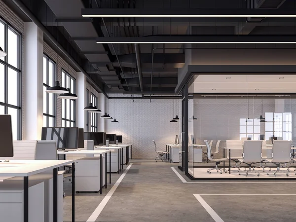 Modern loft tarzı ofis 3d render. Beyaz tuğla duvarlar, cilalı beton zeminler ve boru sistemleri ile siyah tavanlar vardır. beyaz mobilyalar ile dekore edilmiş, büyük pencereler, doğal ışık içinde parlayan.