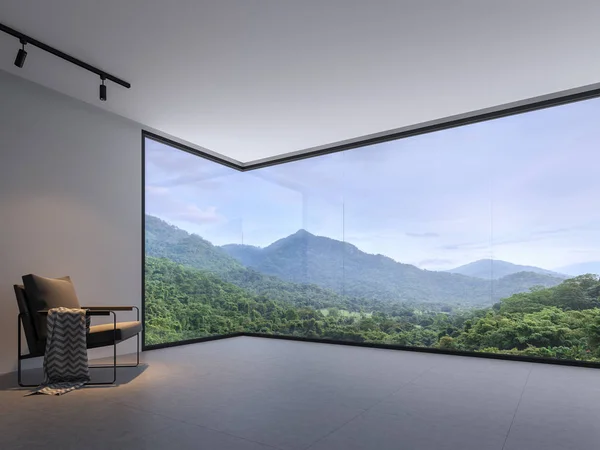 Doğa manzaralı minimalist oda alanı 3d render, koyu gri kiremit zemin ve beyaz duvar ile. Siyah bez sandalyeler ile dekore edilmiş, dağ görmek için dışarı bakan, büyük bir pencere vardır.