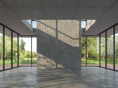 Beton zemin 3d render ile Loft tarzı boş oda, beton zemin ve tavan ile. Ahşap terası ve doğa manzarasını görmek için dışarı bakan büyük bir pencere vardır.