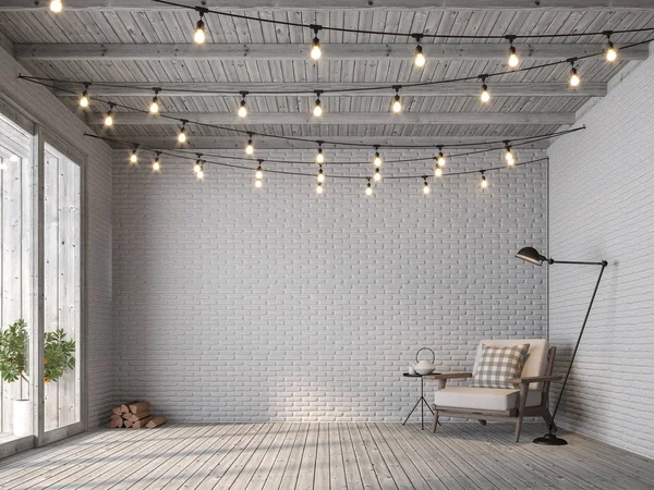 Scandinavian Loft Style Living Room Render Old Wood Floor White — Stock Photo, Image