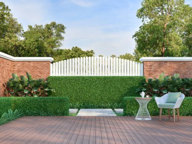 Yeşil bahçe 3d render beyaz sandalye, Ahşap bir zemin teras, beyaz ahşap tahta ve turuncu tuğla duvar çit, beyaz örgü sandalye ve yeşil kumaş yastık ile dekore vardır.
