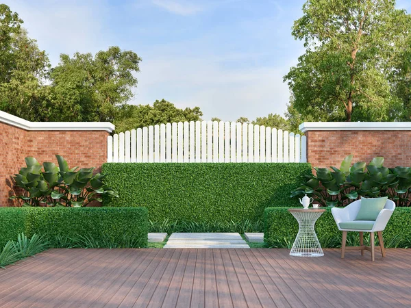 Yeşil bahçe 3d render beyaz sandalye, Ahşap bir zemin teras, beyaz ahşap tahta ve turuncu tuğla duvar çit, beyaz örgü sandalye ve yeşil kumaş yastık ile dekore vardır.