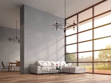 Modern yüksek tavançatı oturma ve yemek odası 3d render. Odalar ahşap zeminler var, beyaz mobilya ile dekore, büyük pencere ahşap teras ve büyük bahçe manzaralı.