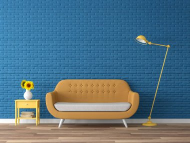 Colorful living room 3d render,There are wood floor,navy blue empty brick wall,decorate with yellow fabric sofa clipart