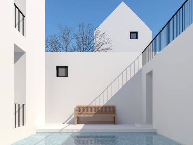 Minimal tarzı havuz avlu 3d render,Mavi fayans ile bir yüzme havuzu beyaz binalar ile çevrili ahşap banklar ile dekore edilmiş açık güneş ışığı ile aşağı parlayan.