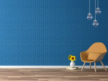 Boş renkli duvar 3d render,Ahşap zemin vardır, lacivert tuğla duvar, sarı kumaş sandalye ve cam asılı lamba ile dekore.