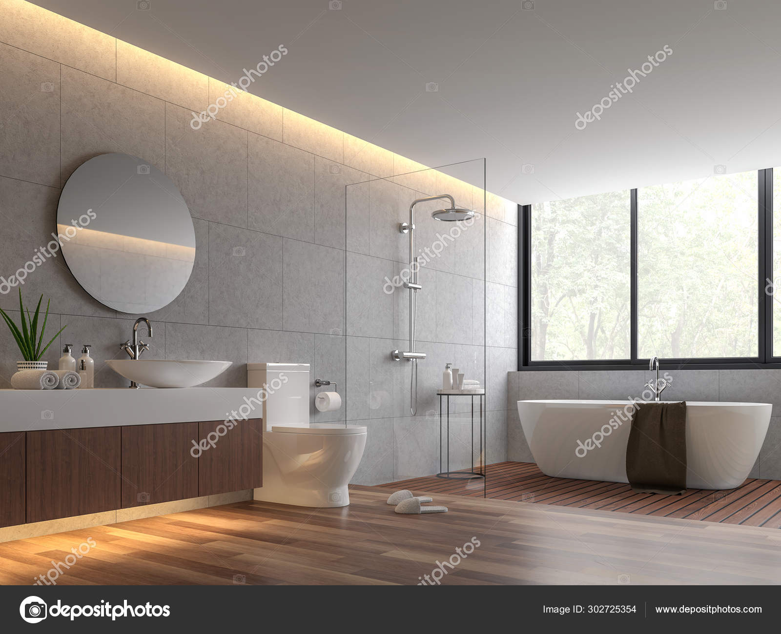 Contemporary Loft Style Bathroom Render, Concrete Tile Wall