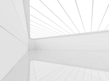 Boş alan iç oda 3d render ile Modern beyaz arka plan, Beyaz kiremit zeminler, oluklu duvarlar ve floresan tavanlar vardır
