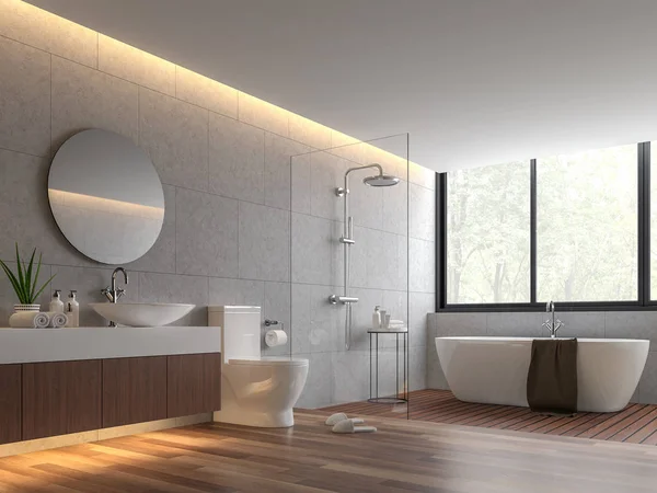Çağdaş çatı tarzı banyo 3d render, Oda ahşap zemin, beton kiremit duvar ve net cam duş bölümü vardır, Doğal görünümler sunan büyük pencereler vardır.