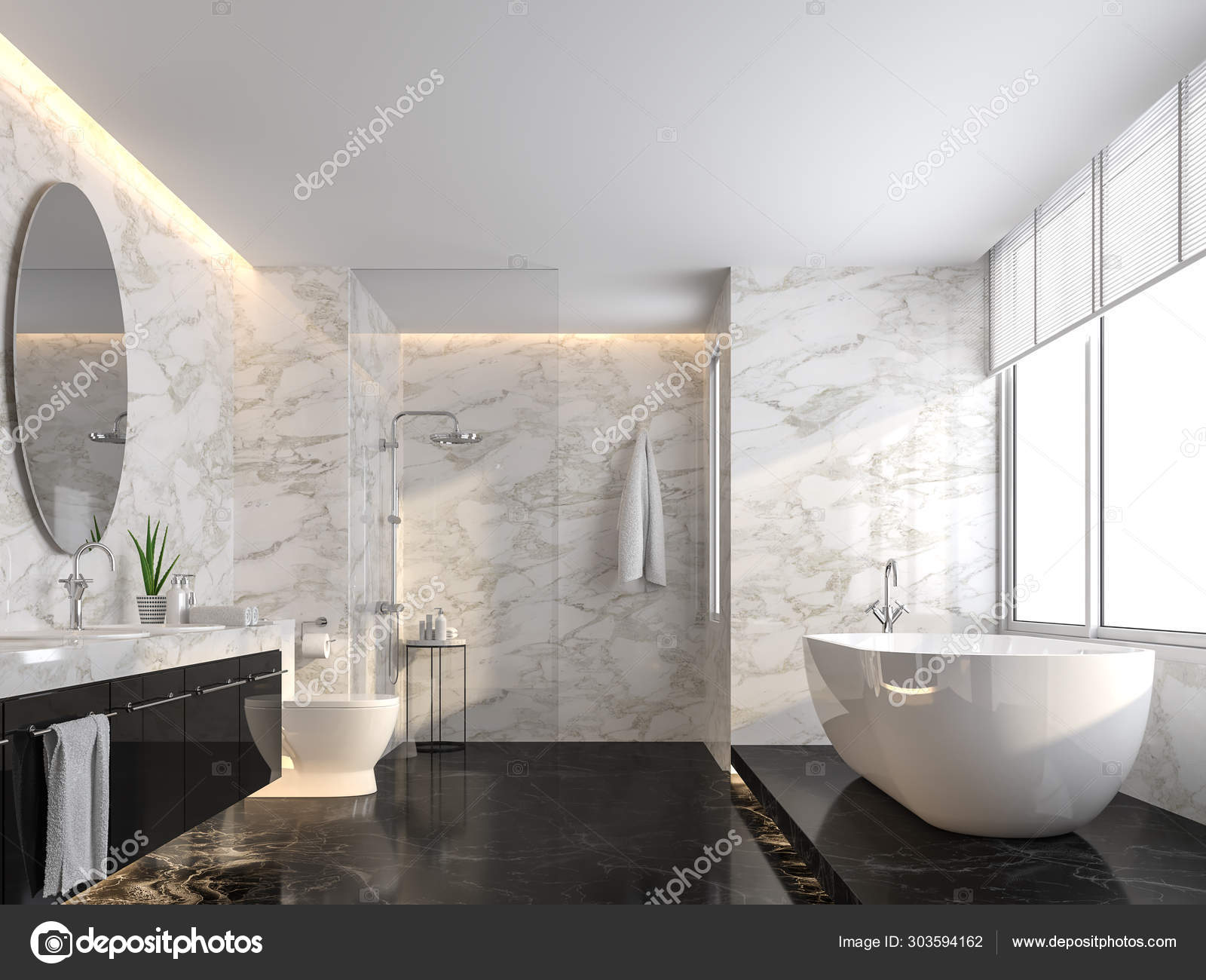 Luxury Bathroom  Black  Marble  Floor  White Marble  Wall 