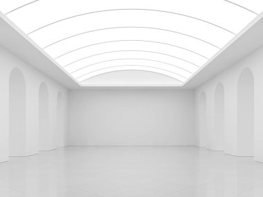 Modern iç oda 3d render ile beyaz arka plan, Beyaz kiremit zeminler, beyaz boya duvarlar ve kemer floresan tavanlar vardır.