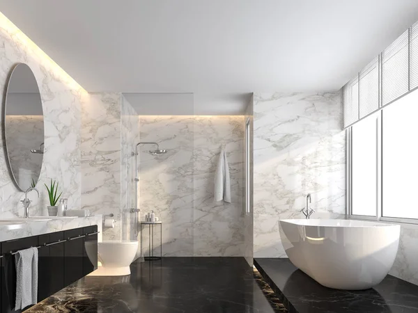 Siyah mermer zemin ve beyaz mermer duvar 3d render ile Lüks banyo, Oda net bir cam duş bölümü vardır, Odaya parlayan büyük pencereler doğal ışık vardır.
